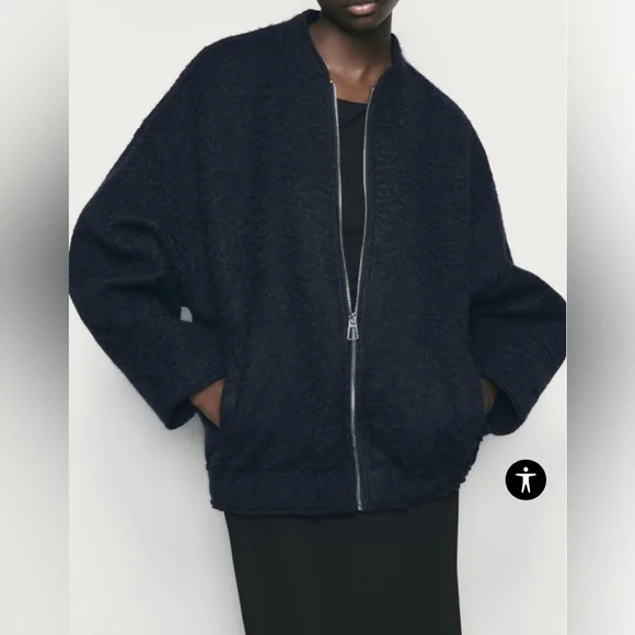 NWT viral Zara Oversized boucle bomber jacket, navy blue - Picture 5 of 7